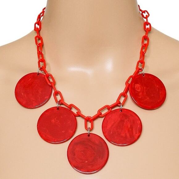Bold Vintage Large Marbled Red Disk Bakelite Necklace Plastic Chain Geo Mod Read - Picture 1 of 13